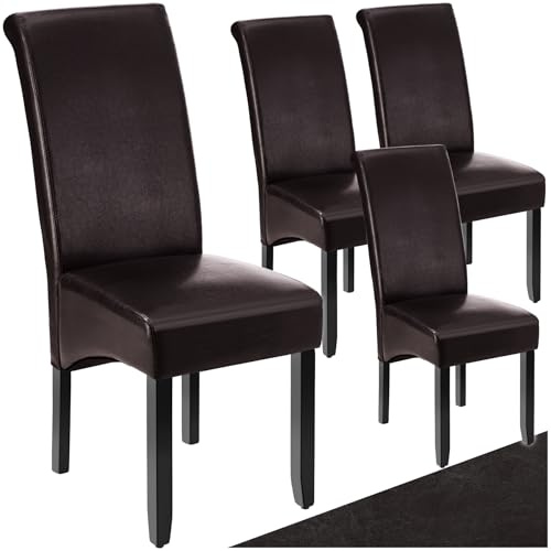 TecTake® Set de Sillas de Comedor, Piel Sintética, Forma Ergonómica, Patas de Madera, Lacadas, Fácil de Limpiar, 106cm, Sillas Dormitorio, Sillas de Comedor, Sillas Salon - 4 Sillas Marrón