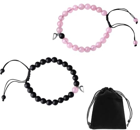 2 stycken armband med 1 styck sammetspåse, magnetarmband för par, vänskapsarmband, kärleks-magnetarmband, handgjorda pärlarmband, lämpliga för par och vänner. Rosa svart)