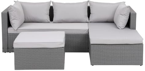 CONCEPT USINE | Salon de Jardin 4 Places en Résine Tressée | LECCI Gris/Gris Clair | Aspect Rotin Tendance | Canapé d'angle Réversible + 1 Pouf | Armature en Acier Robuste | Confortable et Polyvalent