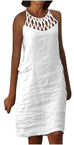Cotton Linen Dresses for Women UK Sleeveless Midi Dresses Summer Hollow Out Crewneck Tunic Dresses Solid Elegant Party Dress Knee Length Shift Dress Going Out Holiday Dress