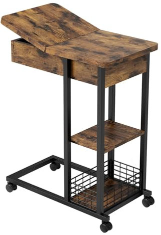 HAUSPROFI Beistelltisch C Form,Sofa Beistelltisch mit Rollen Mobiler Schmaler 3-stufigem Couch Beistelltisch für Kaffee Laptop Industrie 75 x 60 x35 cm (Retro)