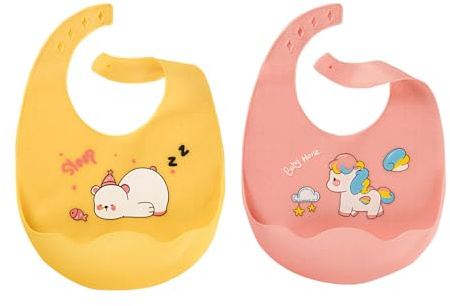 DHWEKU Baberos de Alimentación para Bebés,Baberos de Silicona,Baberos Impermeables,Baberos Suave Ajustable para Bebés y Niños Niñas,con Recolector Alimentos(amarillo, rosa)