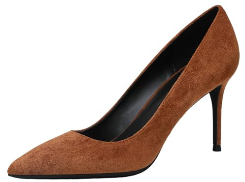 Jamron Donna Velluto 8CM Tacchi a Spillo Elegante Scarpe a Punta Decolletè Scarpe da Ufficio Marrone SN0711129-2 EU38.5