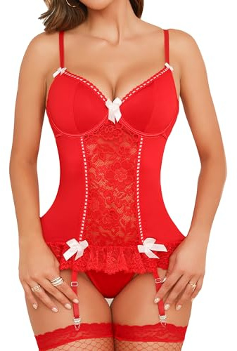 Aranmei Lingerie for Women Sexy Bustier with Suspender Straps Lace Teddy Babydolls with Garter Stockings Red XL