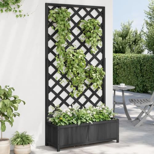 Homgoday Fioriera con Traliccio Nera in Legno Massello di Abete, Fioriera Grigliato per Giardino, Fioriera da Esterno,Fioriera Balcone l1