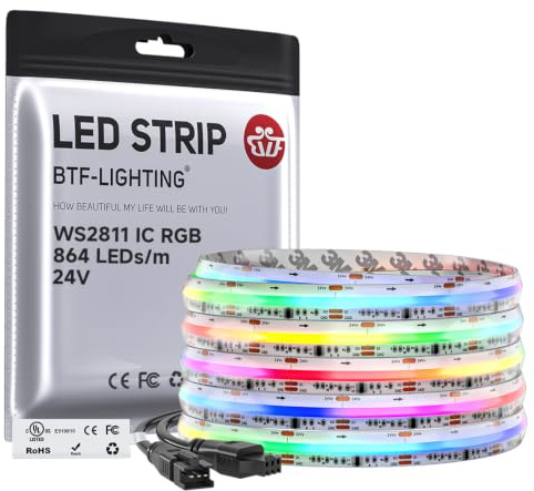 BTF-LIGHTING COB RGB WS2811 IC adresserbar LED-remsa 24 V 5 m 864 LEDs/M | FCOB Chasing färg, flexibel LED-band med hög densitet, 12 mm vit PCB IP66 vattentät (endast ränder)
