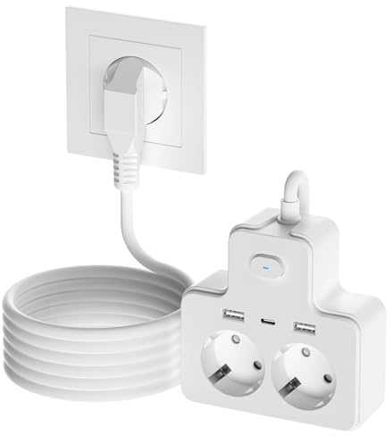 Steckdosenleiste mit Schalter, AOUOO 2 Fach Mehrfachstecker mit Verlängerungskabel 2M, 2 USB/Type-c (5V/3.1A), Max. 250 V / 16A, Steckdosenleiste Überspannungsschutz 3840W/16A für zu Hause, Büro Weiß