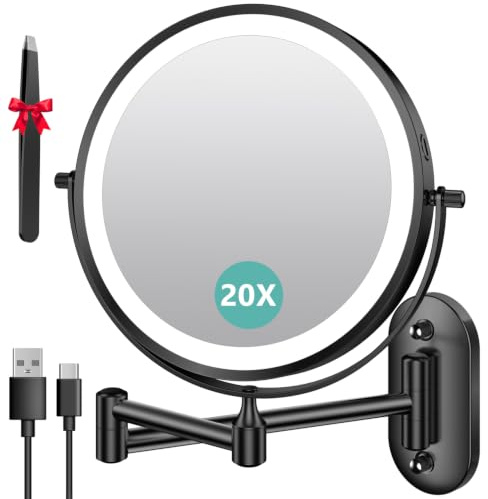Auxmir Sminkspegel med Uppladdningsbart Ljus, Förstoringsspegel 1X/20X Dubbelsidig 360° Roterande, Utdragbar Badrumsspegel med Touchvägg USB, 3 Färger Justerbar Ljusstyrka, för Hotell, Svart