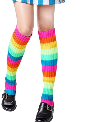 ASFWAGQ Leg Warmers Damen Stilvolle Bein Stulpen Regenbogenfarben Winter Gestrickte lange Stiefelsocken Beinwärmer für Frauen Mädchen 80er Jahre Party Kostüm Zubehör Karneval Yoga Laufen Wander