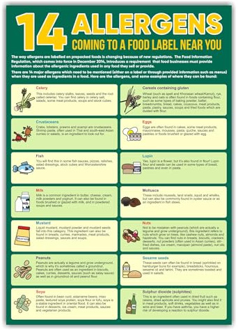 Cartello di avviso 14 Allergens, adesivo in vinile per l'igiene alimentare con laminazione, 297 mm x 210 mm, segnale di avvertimento allergia alimentare per cucine, ristoranti, bar, poster per la