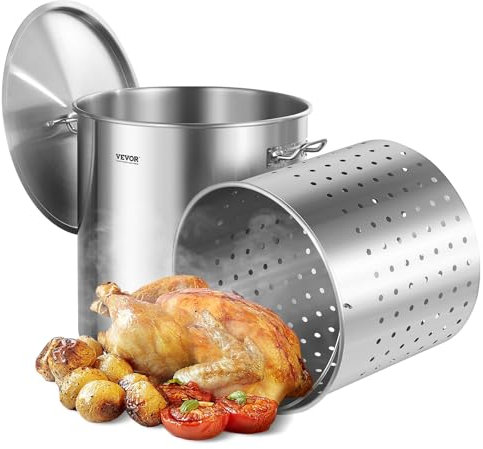 VEVOR Olla Grande de Acero Inoxidable de 79,5 L, para Salsa con Canasta, Tapa y Asa, Olla Comercial Resistente, Tratamiento de Lijado, para Eventos de Grupos Grandes, Plata, 450 x 485 mm