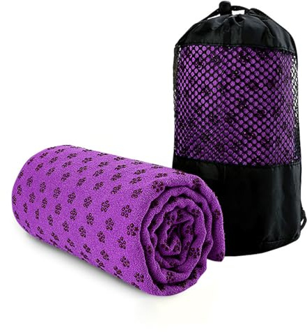 Yogamatta handduk svettabsorberande överdrag, snabbtorkande grepp halkfri yogahanddukar, 24 x 72 mikrofiber supermjuk pilates handduk filt med nätväska för bikram, pilates, gym mörklila