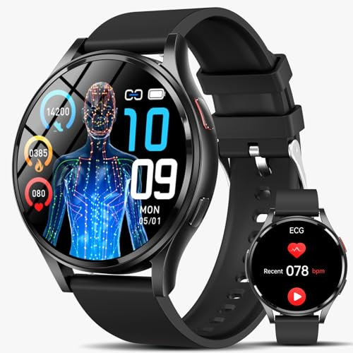 Lgnitek 2025 Smartwatch Herren mit EKG/BMI/Harnsäure 44mm, Rund 1,43 AMOLED Gesundheitsuhr mit 24/7 Pulsuhr Schlafmonitor SpO2 ΒΙυtdrυck Bluetooth-Anrufe SOS-Notruf, Fitness-Uhr, Schwarz