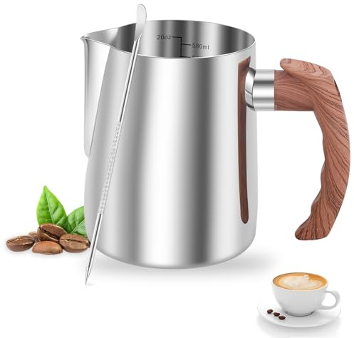 CBWERBB 600ML Stainless Steel Milk Frothing Pitcher, Milk Pitcher Cup with Latte Decorating Art Pen and Plastic Wood Grain Handle for Making Latte Coffee Art, Cappuccino(Silvery,600 ML)