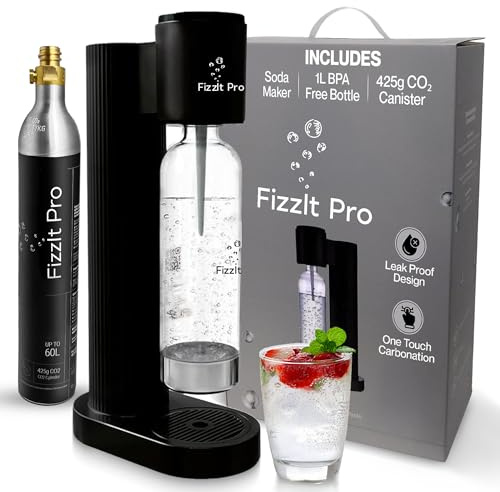 FizzIt Pro - Soda Maker Machine, Black - Easy One-Touch Sparkling Water Maker with Reusable 1L BPA-Free Bottle, 425g CO₂ Canister - No Power Required, Durable & Modern Design for Home Use