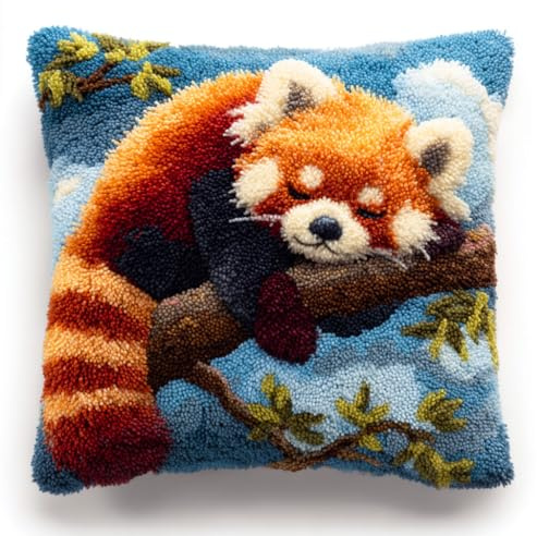 Henypt DIY Knüpfen Set, Tierischer Roter Panda Knüpfpackungen Für Anfänger,Kissen Knüpfset,knüpfkissen zum selber knüpfen,Stickerei Knüpf-Sets,43x43cm