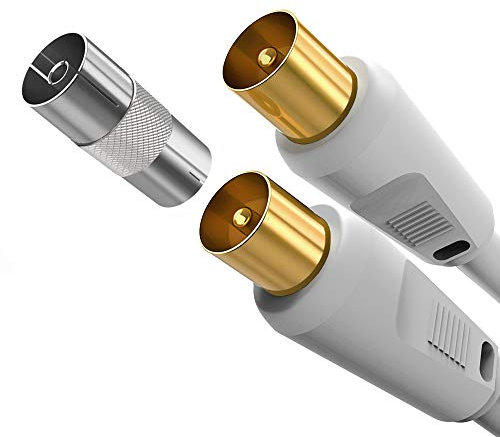 Ancable 0.5M TV Aerial Coaxial Cable Male to Male, Satellite Cable RF TV Antenna Coax Lead to PAL Male Gold Plated Connectors White Flylead for Sky/SkyHD, Virgin,TV, VCR or DVD players with Coupler