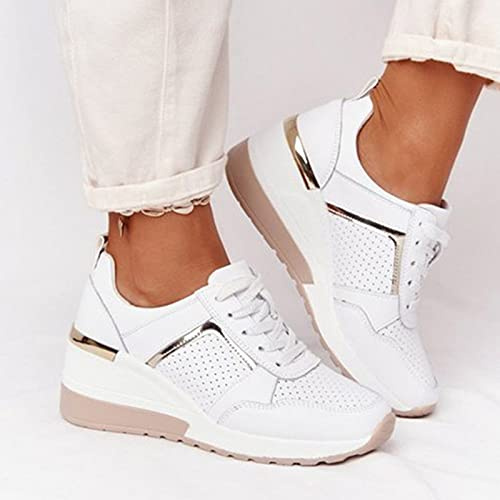 Yagerty COSANTER Chaussures de Marche pour Femmes Talon compensé à Semelles épaisses Maille Respirante Tennis Baskets décontractées Mousse à mémoire Baskets de Course légères, Blanc, 39 EU