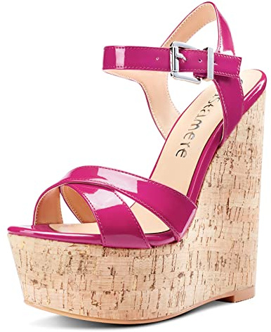 Castamere Escarpins Wedge Femme Bout Ouvert Sandale Cale Bride Cheville Slingback Plateforme Talon Rose Pêche Vernis Chaussures EU44