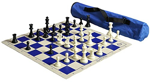 US Chess Quiver Chess Set Combo- Blue, Single-Weighted Regulation Plastic Chess Pieces, Quiver Chess Bag, Premium Vinyl Chess Board, Traditional Staunton Pattern, USCF & Fide Required Tournament use