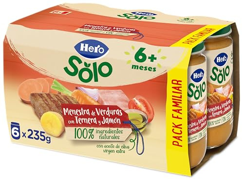 Hero Solo - Tarritos de Menestra de Verduras con Ternera y Jamón, Sin Sal Añadida, Sin Almidón, Sin Aceite de Palma, Apto Para Bebés desde 6 Meses, Ingredientes 100% Naturales, Pack de 6 x 235 gr