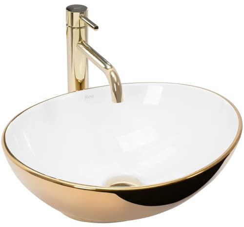 VBChome Waschbecken Golden Weiß 41 x 33 x 13 cm Mini Keramik Weiß Oval Waschtisch Handwaschbecken Aufsatzwaschbecken Waschschale Gäste WC