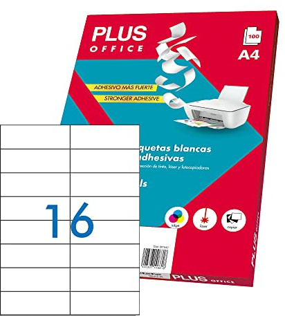 Plus Office - Etiquetas Autoadhesivas Blancas Para Imprimir, Pack De 100 Hojas Pegatinas Adhesivas De Papel En Hojas A4 Para Impresora Inkjet, Láser Y Fotocopiadoras, 16 Etiquetas Por Hoja (105x37mm)