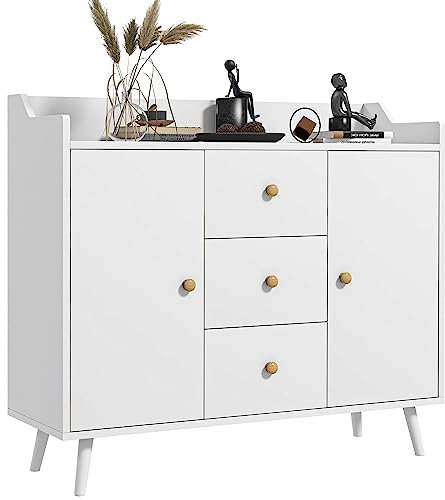 HOMCOM Aparador de Salón Moderno Aparador de Cocina con 2 Puertas 3 Cajones y Patas de Madera de Pino para Comedor Pasillo Dormitorio 90x32x80 cm Blanco