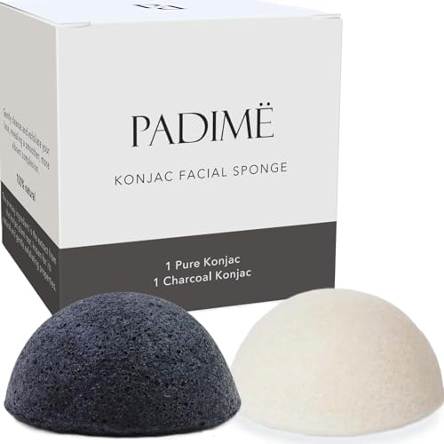 Padime - Juego de 2 esponjas Konjac para rostro | Esponjas para limpieza y exfoliación | Esponja de carbón de bambú activado + Konjac original | 100% natural - Biodegradable y ecológico