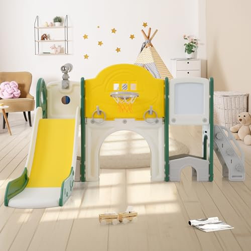 Merax Toboggan multifonction 10 en 1 pour enfants, avec escalade, jeu de perçage, panier de basket, jeu de golf, aire de jeu pour enfants, pour l'intérieur et l'extérieur, la cour arrière, toboggan