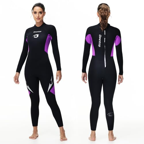 Owntop Wetsuit 5mm Neoprene Diving Suit for Mens Womens - Thicken Full Wet Suit, Back Zip Long Sleeve UPF50+ Keep Warm Swimwear for Scuba Surfing Swimming Diving Snorkeling Water Sports, Purple L