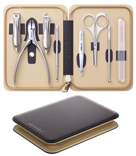 MR.GREEN Set per manicure e pedicure 8 in 1, kit professionale tedesco in acciaio inox, con tagliaunghie a prova di spruzzi e custodia da viaggio in vera pelle (marrone castagna)