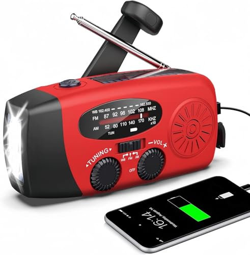Radio De Emergencia Portátil, FM/Am Emergencia Radio con Solar Recargable Radios De Dinamo con Manivela con Linterna LED para Acampar, Radios Carga USB, 2000 MAh