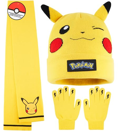 Pokémon Guanti, Sciarpa e Berretto Bambino 8-10 Anni, 3 Pz Morbido Pikachu Accessori Invernali, Anime Regalo Ragazzo