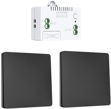 Set di interruttori della luce radio da 230 V, senza batteria, interruttore radio cinetico, senza fili, 230 V, impermeabile, con telecomando per lampada, giardino e casa (2 interruttori, nero)