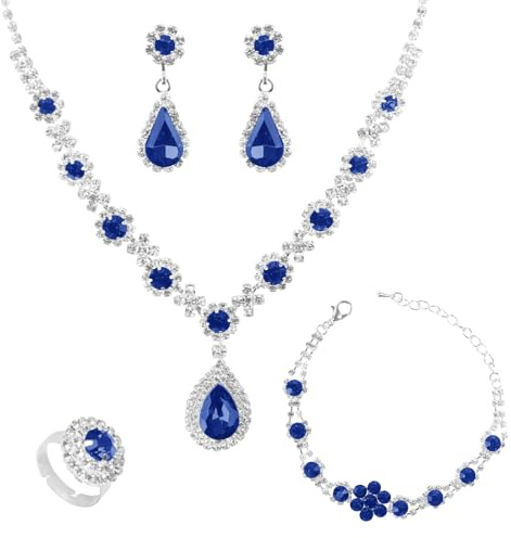 LjFrexia Set de Joyería Nupcial para Mujer, Set de Joyería de Estrás de 4 Piezas, Piedra de Cristal Colgante Gota de Agua, Collar Pendientes Pulsera Anillo, para Bodas y Moda Nocturna, Azul