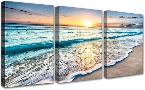 PIGPIGFLY Set di 3 Stampe da Parete 30x40cm, Paesaggio Mare Spiaggia Tramonto Quadri, Soggiorno Camera