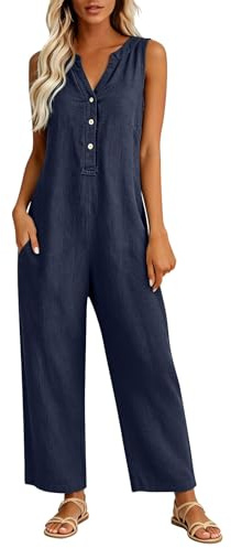 Jumpsuits for Women Summer Cotton and Linen Button Front Sleeveless Casual | Overalls Loose Wide Leg Long Pants Rompers With Pockets Breathable Playsuit for Everyday Vacation Workwear