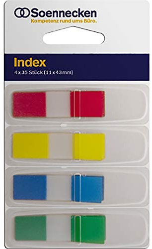 Soennecken självhäftande remsor index mini, gul, röd, blå, grön, 35 bl/block, 4 x 35 ränder