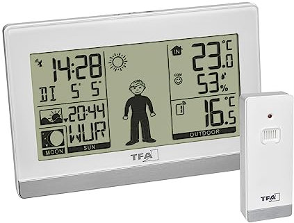 TFA Dostmann stazione radiocontrollata digitale Weather Boy, 35.1159.02, fase lunare, ora dell'alba/tramonto, temperatura e umidità, con sensore esterno, bianco