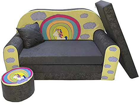FORTISLINE - Divano per bambini pieghevole 100 x 60 x 50 cm – Divano per bambini 2 in 1 – Divano per bambini pieghevole – 2 posti – Divano letto in schiuma + sgabello + cuscino – Molti motivi