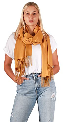 DOLCE ABBRACCIO by RiemTEX Damen Winter Schal kuschelig und warm Winterschal mit Fransen Schals Damenschal in Unifarben (Ocker)