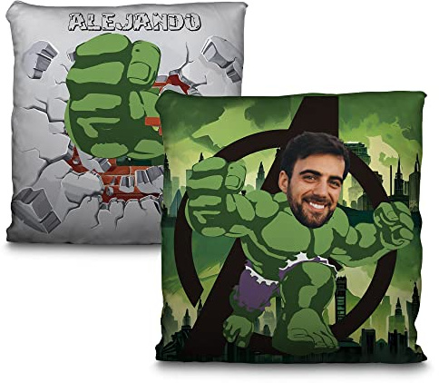 LolaPix Cuscini dei supereroi. Cuscino personalizzato con foto e nome. Regali originali. Principesse Disney. Supereroi. 100% stampato su entrambi i lati. Riempimento incluso. HULK