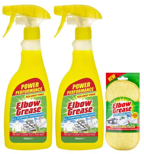 2X All-purpose Degreaser Spray- 2X 500 ml- Effective Cleaner Formula for Kitchen, Fabric, and Metallic Surfaces with Elbow Scrubbing Pad