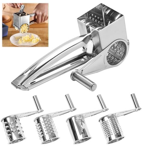 QUVBKZ 5 Stücke Parmesanreibe mit Kurbel Manuell, Gemüsehobel Edelstahl, Käsereibe für die Küche, Küchen Trommelreibe für Käse, Gemüse, Knoblauch und Mehr | Shred and Slice (Edelstahl)