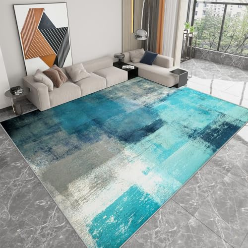 WHUOEUCO Waschbarer Teppich TüRkise Geometrische Malerei 140 x 200cm Wohnzimmer Schlafzimmer teppiche Kurzflor rutschfest Flauschig Weich Moderne groß Teppich