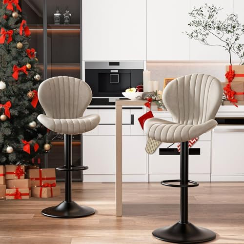Hawthyhome Barhocker 2er Set |Barhocker Höhenverstellbar mit lehne •Hocker aus Fabric•Küchenstühle mit Fußstütze •Barstühle Drehstühle •360°Drehbar Einfache Montage •Beige