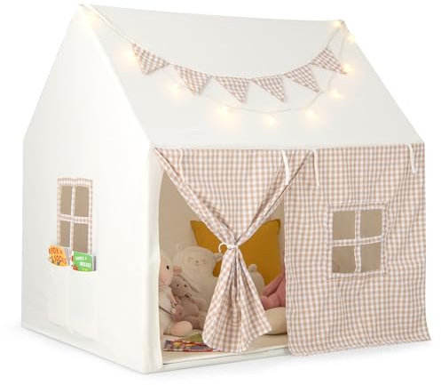 COSTWAY Tente de Jeux Enfant avec Guirlandes Lumineuses Étoiles & Drapeau, Cabane Enfant Interieure avec Tapis Lavable, Poche Latérale, Style Princesse pour 3 Enfants de 3-8 Ans, 125x100x127cm