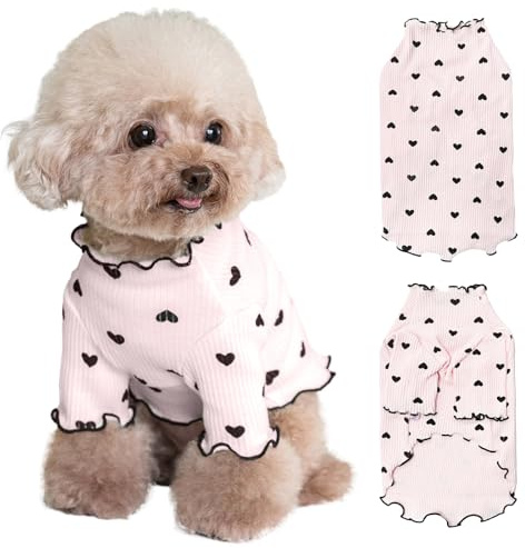 Yaopelky Haustierkleidung für kleine Hunde und Katzen, Sommer, Herbst, Herz, Bedruckt, dehnbar, Rüschen, langärmelig, Outfits für Chihuahua, Schnauzer, Shih Tzu, Yorkie (Rosa, S)