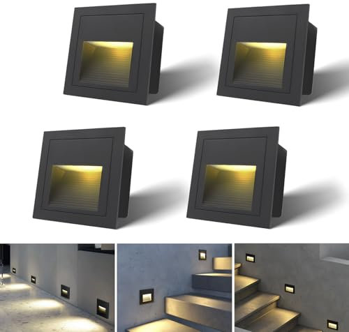 Arotelicht 3W LED Treppenbeleuchtung 230V 4er Treppenlicht Warmweiß Eckig Aluminium LED Einbaustrahler Treppenleuchte Wand Wandleuchte IP44 Innen Außen Schwarz Stufenlicht Treppe